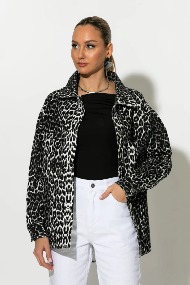 Jean jacket leopard print με τσέπες μαύρο Jean jacket leopard print με τσέπες μαύρο