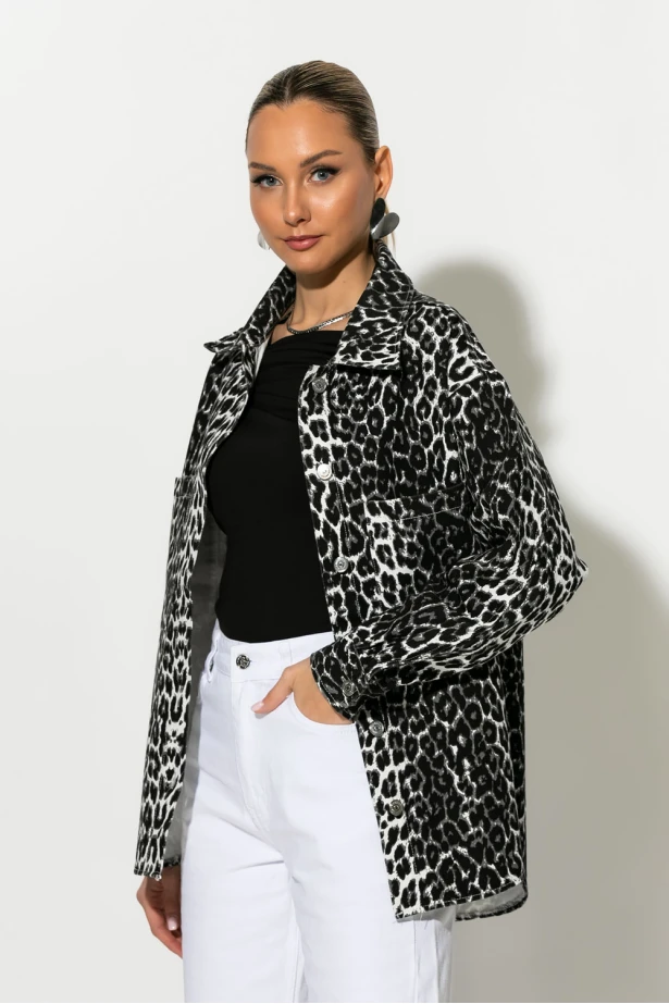 Jean jacket leopard print με τσέπες μαύρο Jean jacket leopard print με τσέπες μαύρο