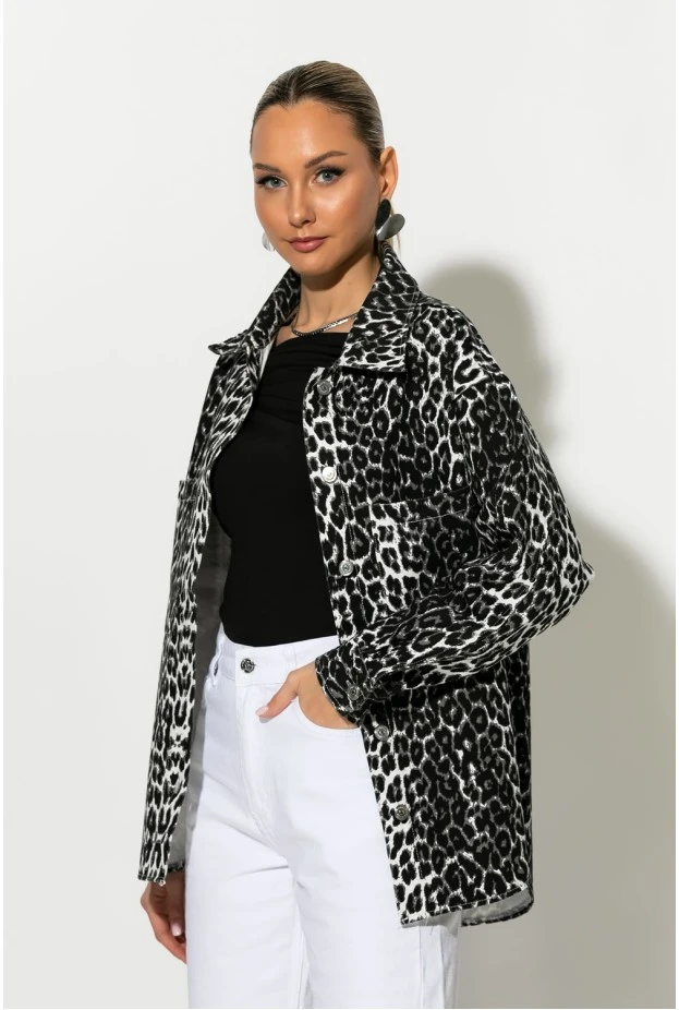 Jean jacket leopard print με τσέπες μαύρο