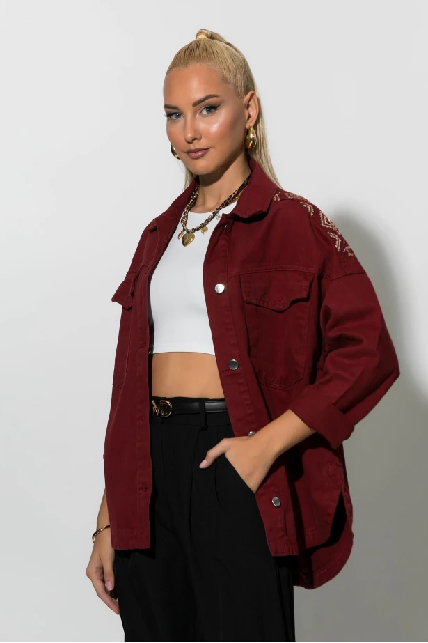Jean jacket με boho κεντήματα μπορντό