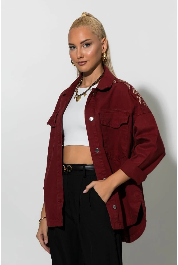 Jean jacket με boho κεντήματα μπορντό