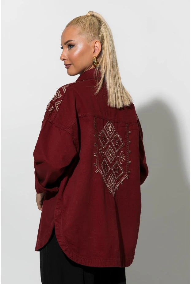 Jean jacket με boho κεντήματα μπορντό