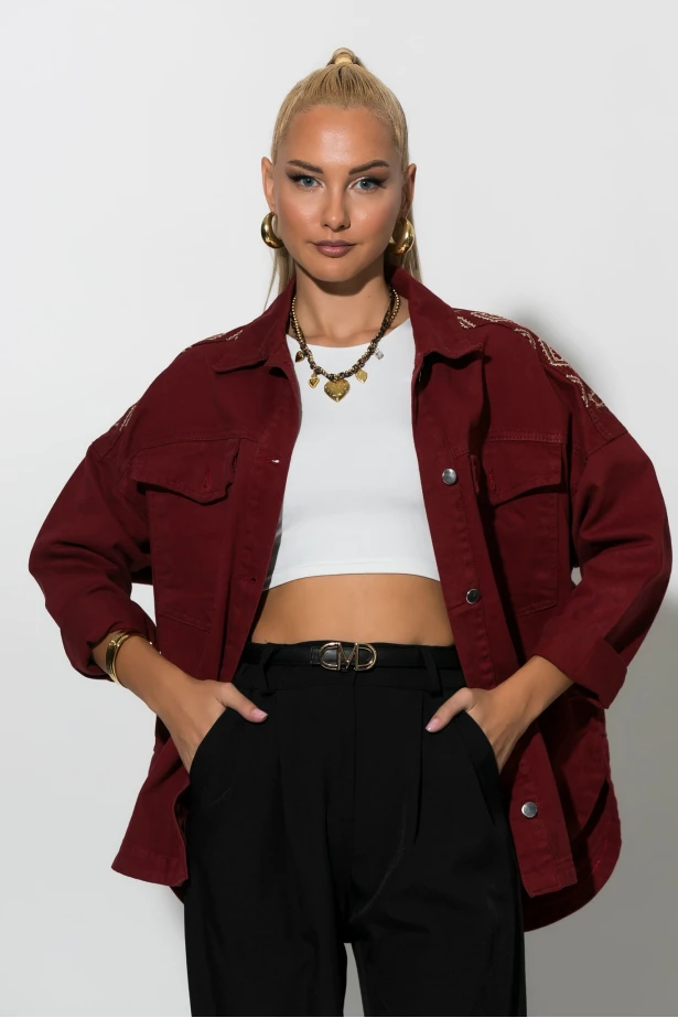 Jean jacket με boho κεντήματα μπορντό