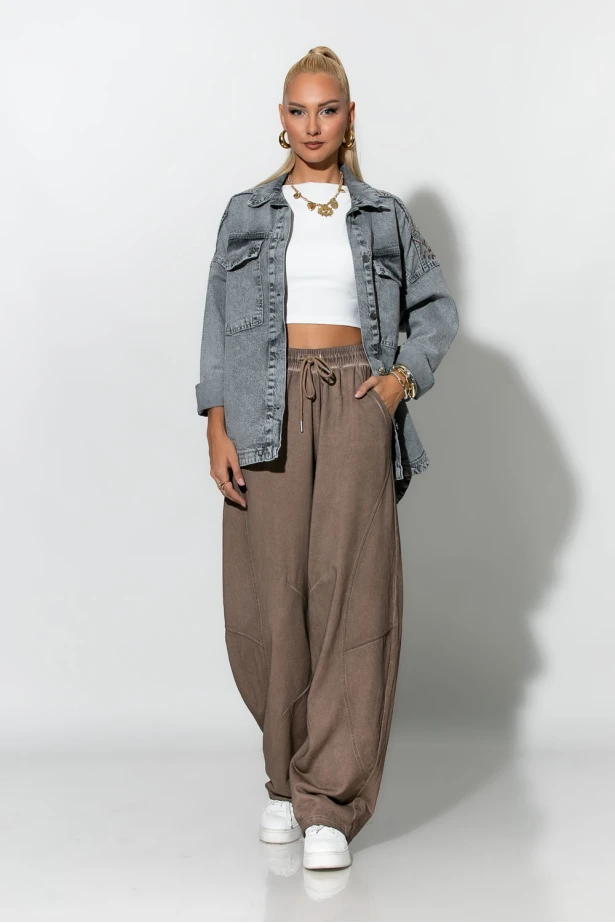 Jean jacket με boho κεντήματα γκρι