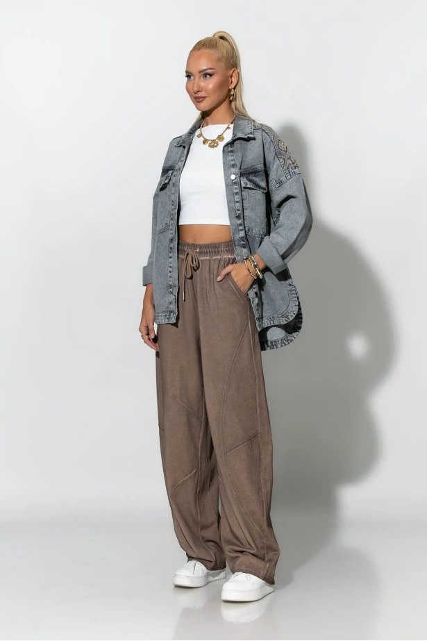 Jean jacket με boho κεντήματα γκρι