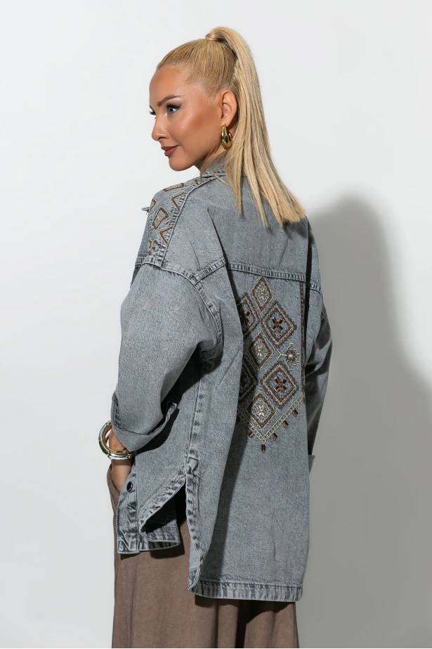 Jean jacket με boho κεντήματα γκρι