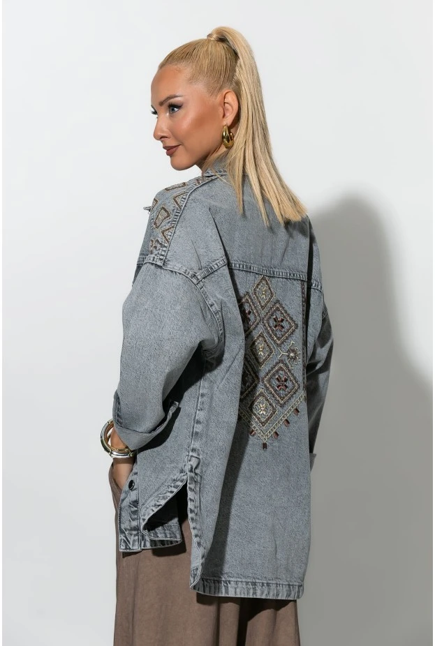 Jean jacket με boho κεντήματα γκρι