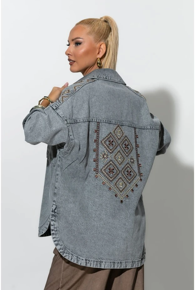 Jean jacket με boho κεντήματα γκρι