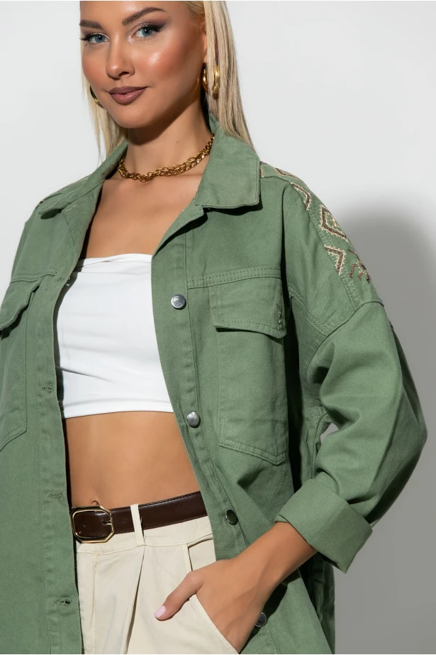 Jean jacket με boho κεντήματα χακί