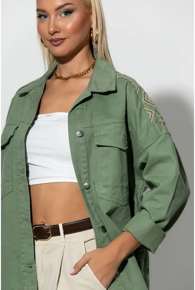 Jean jacket με boho κεντήματα χακί