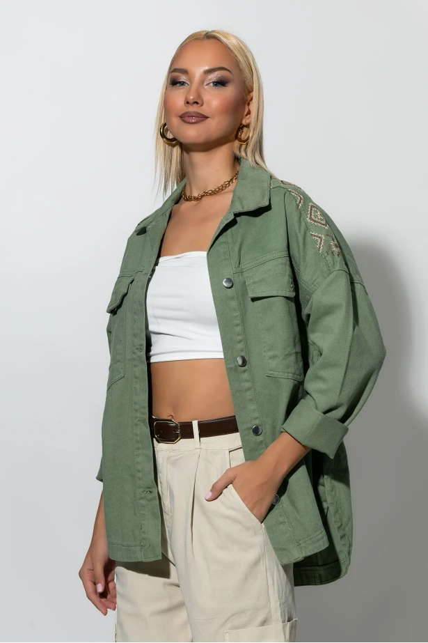 Jean jacket με boho κεντήματα χακί