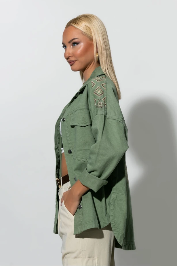 Jean jacket με boho κεντήματα χακί