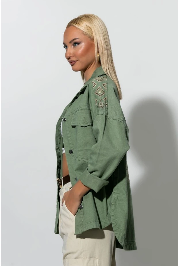 Jean jacket με boho κεντήματα χακί