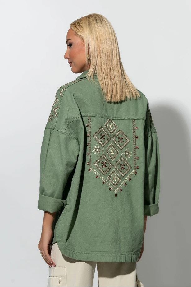Jean jacket με boho κεντήματα χακί