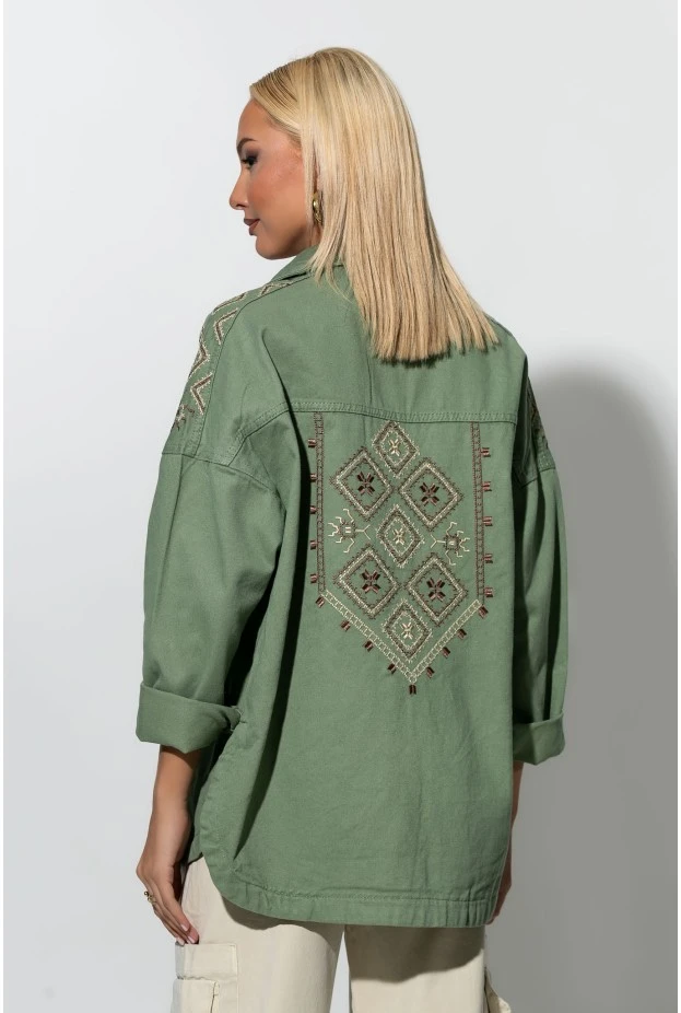 Jean jacket με boho κεντήματα χακί