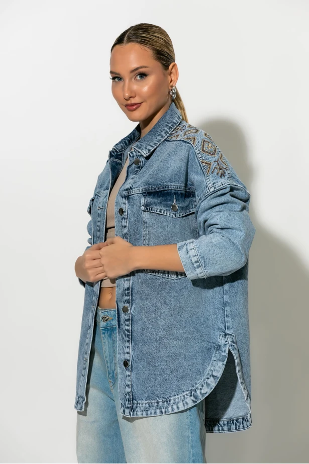 Jean jacket με boho κεντήματα μπλε