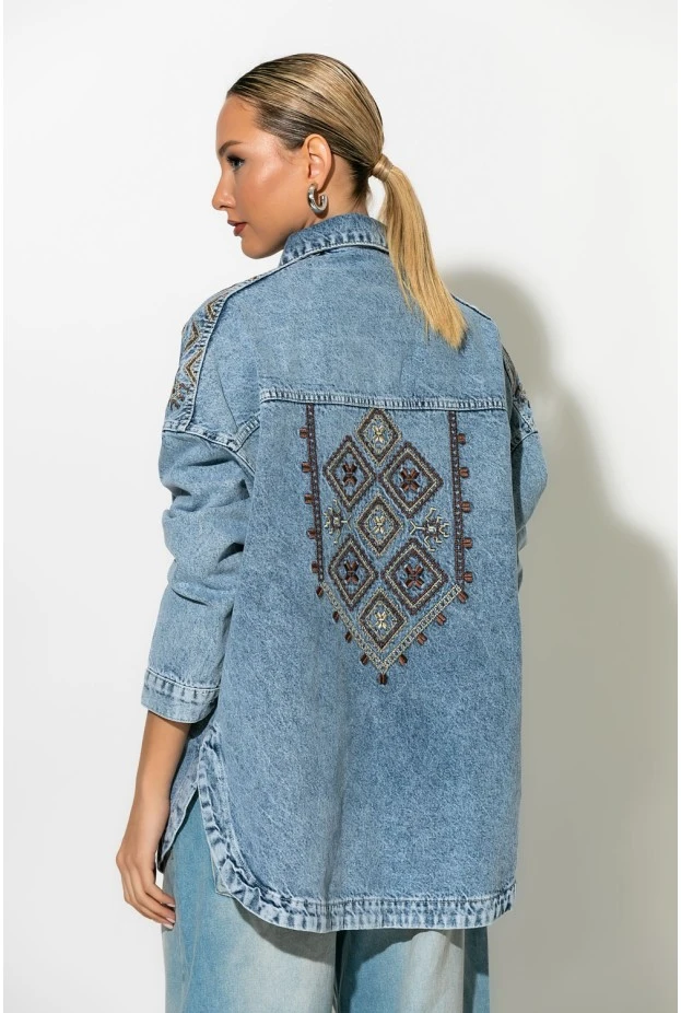 Jean jacket με boho κεντήματα μπλε