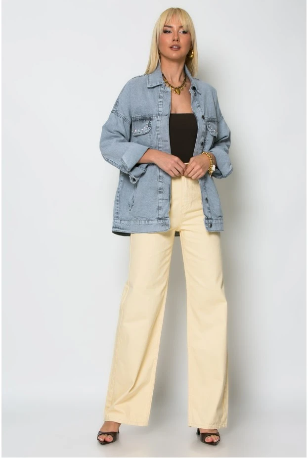 Jean jacket με κεντήματα και πέρλες γκρι