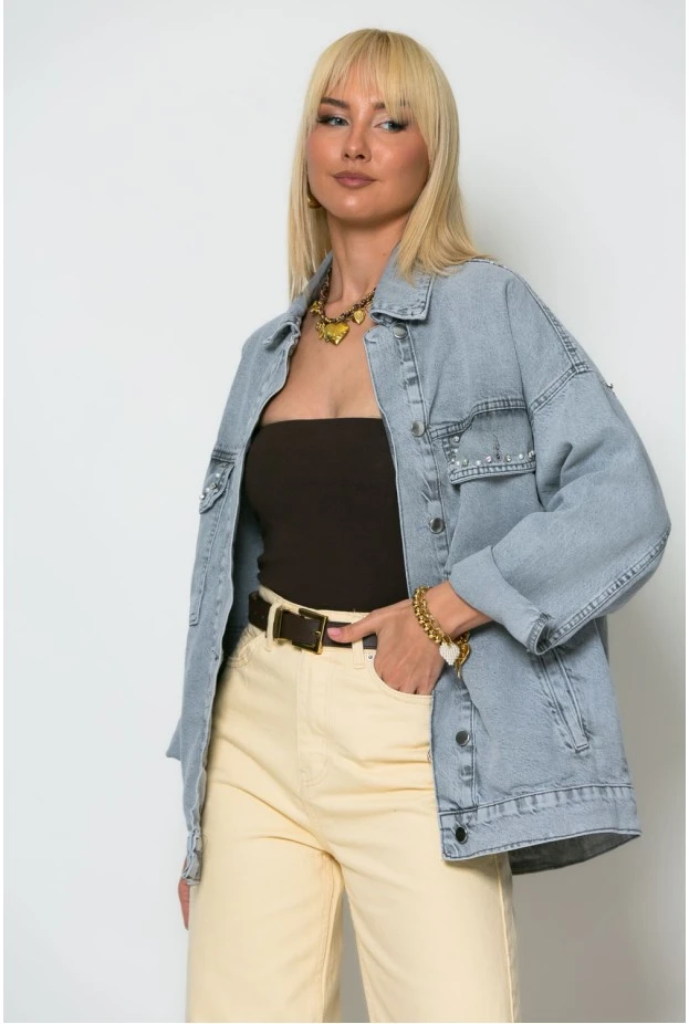 Jean jacket με κεντήματα και πέρλες γκρι