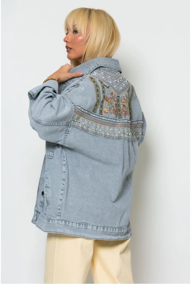 Jean jacket με κεντήματα και πέρλες γκρι