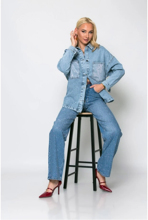 Jean jacket με στρας στον γιακά και στις τσέπες μπλε