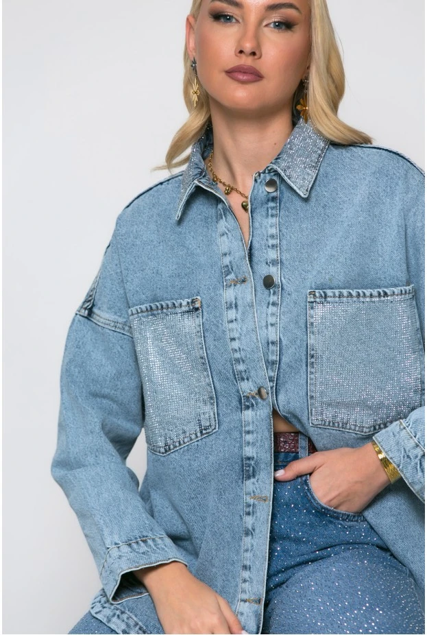Jean jacket με στρας στον γιακά και στις τσέπες μπλε