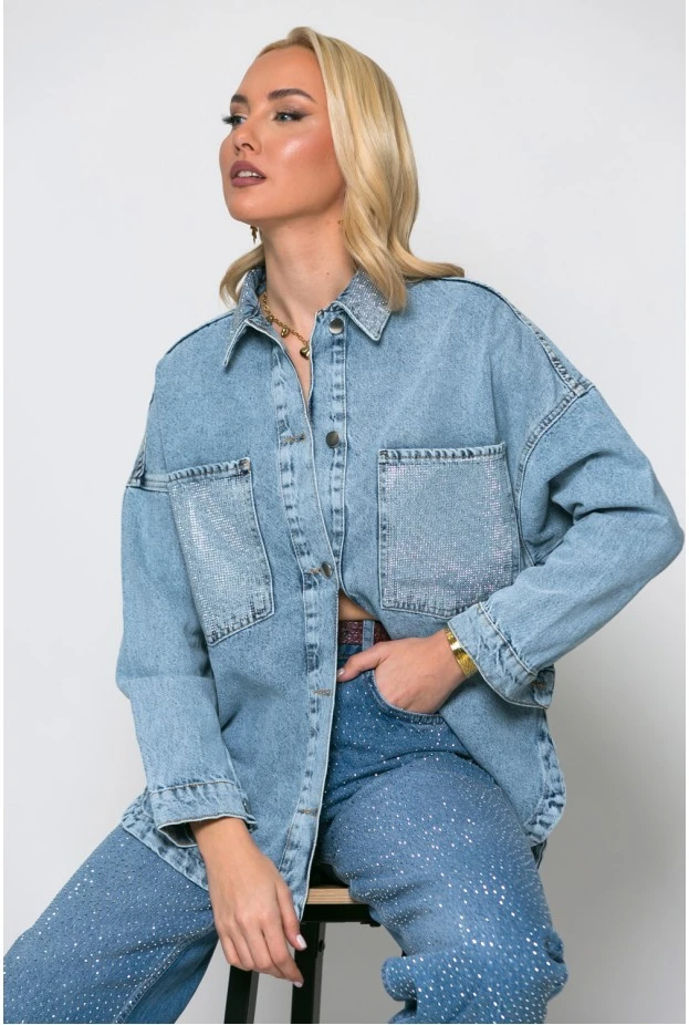 Jean jacket με στρας στον γιακά και στις τσέπες μπλε