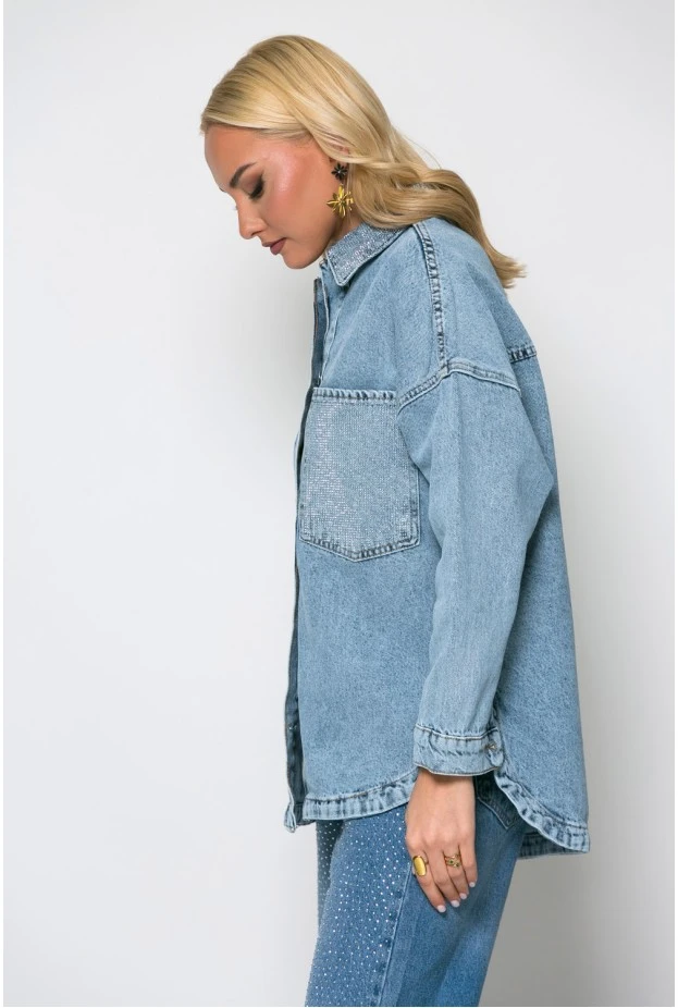 Jean jacket με στρας στον γιακά και στις τσέπες μπλε