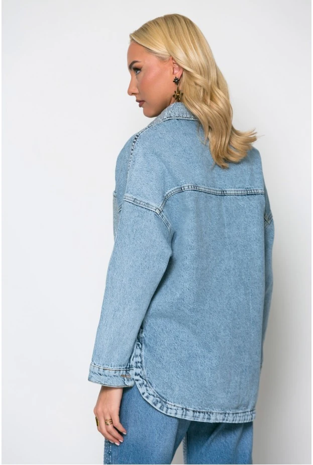 Jean jacket με στρας στον γιακά και στις τσέπες μπλε