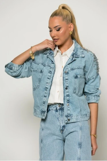Jean jacket με πέρλες star μπλε