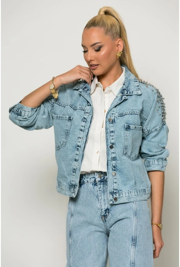 Jean jacket με πέρλες star μπλε