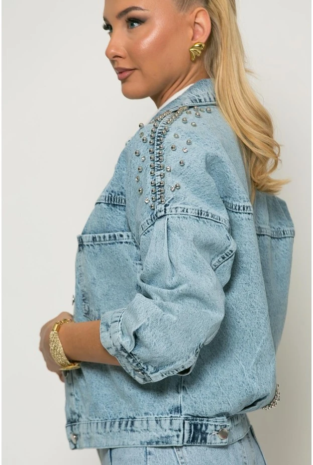 Jean jacket με πέρλες star μπλε