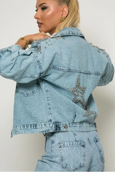 Jean jacket με πέρλες star μπλε