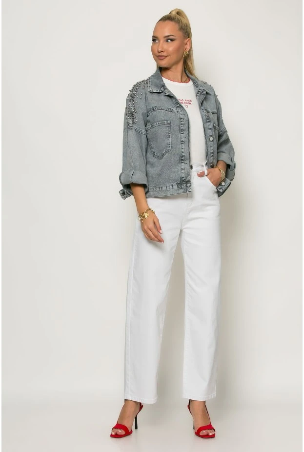 Jean jacket με πέρλες star γκρι