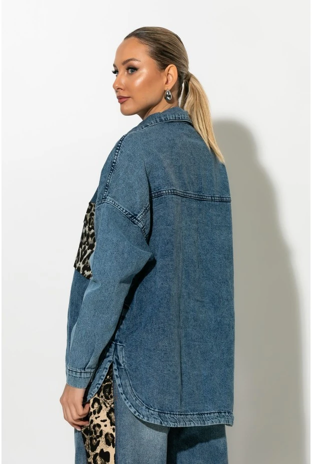 Oversized jean jacket με λεοπάρ τσέπες μπλε