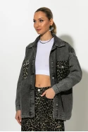 Oversized jean jacket με λεοπάρ τσέπες ανθρακί Oversized jean jacket με λεοπάρ τσέπες ανθρακί