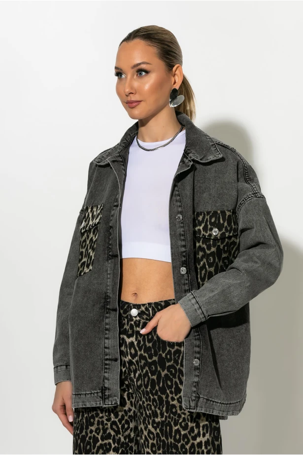 Oversized jean jacket με λεοπάρ τσέπες ανθρακί Oversized jean jacket με λεοπάρ τσέπες ανθρακί