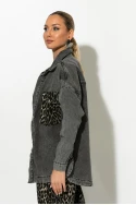 Oversized jean jacket με λεοπάρ τσέπες ανθρακί Oversized jean jacket με λεοπάρ τσέπες ανθρακί