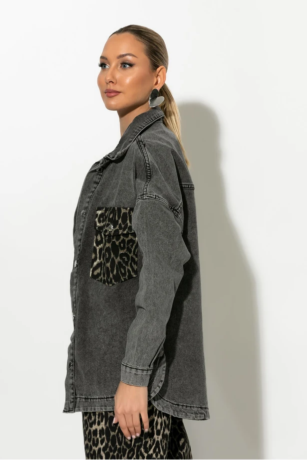 Oversized jean jacket με λεοπάρ τσέπες ανθρακί Oversized jean jacket με λεοπάρ τσέπες ανθρακί