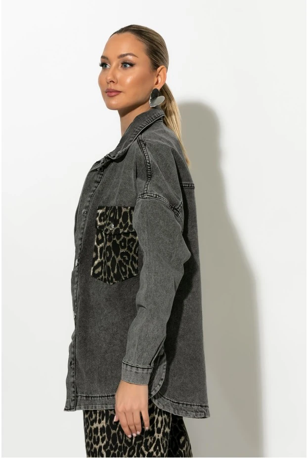 Oversized jean jacket με λεοπάρ τσέπες ανθρακί