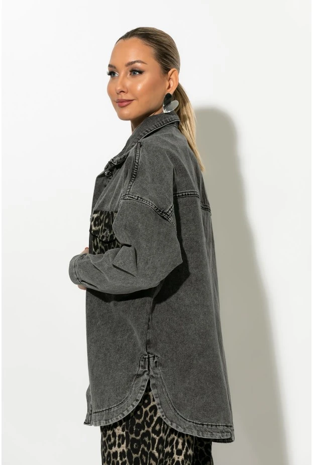 Oversized jean jacket με λεοπάρ τσέπες ανθρακί