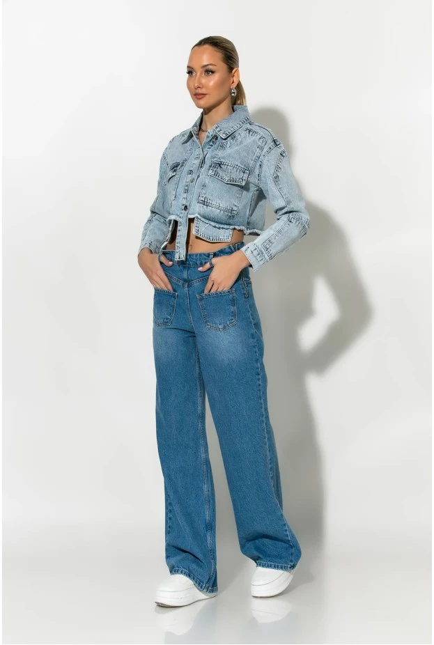 Cropped jean jacket  με ασύμμετρες τσέπες μπλε