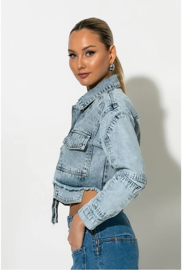 Cropped jean jacket  με ασύμμετρες τσέπες μπλε