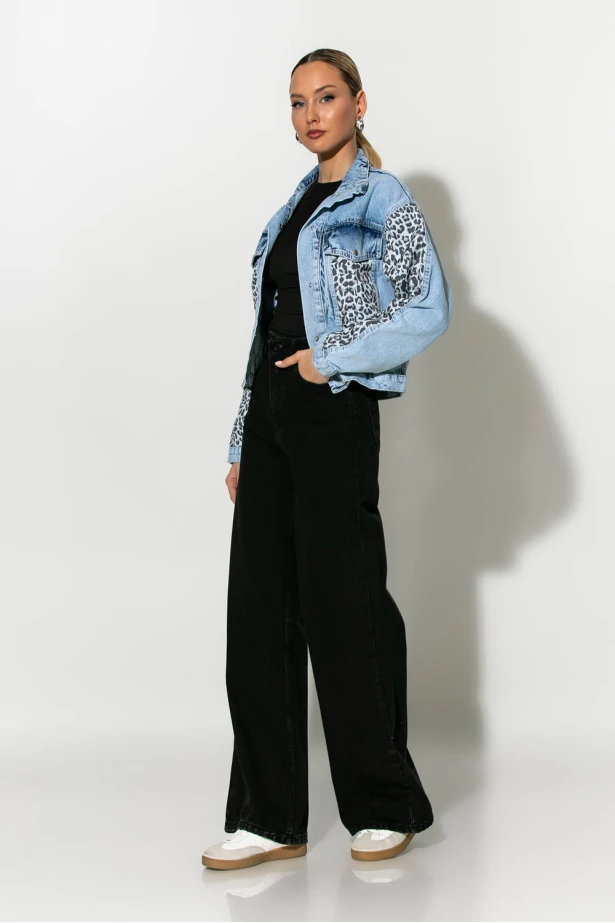 Jean jacket με leopard λεπτομέρειες μπλε Jean jacket με leopard λεπτομέρειες μπλε