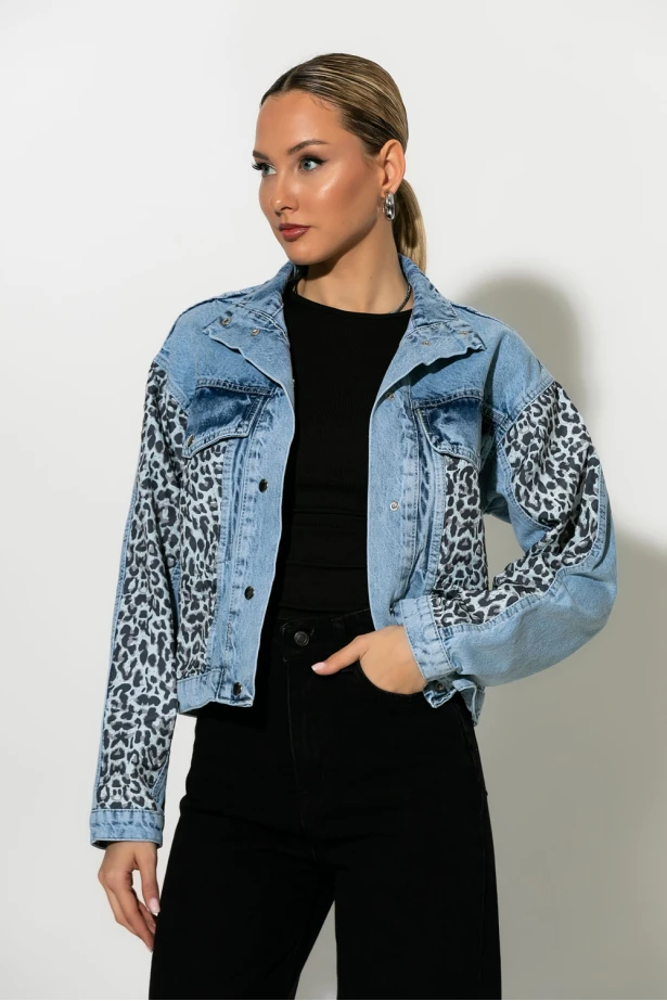 Jean jacket με leopard λεπτομέρειες μπλε Jean jacket με leopard λεπτομέρειες μπλε