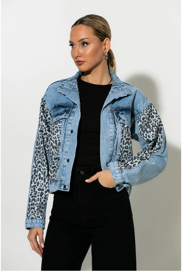 Jean jacket με leopard λεπτομέρειες μπλε