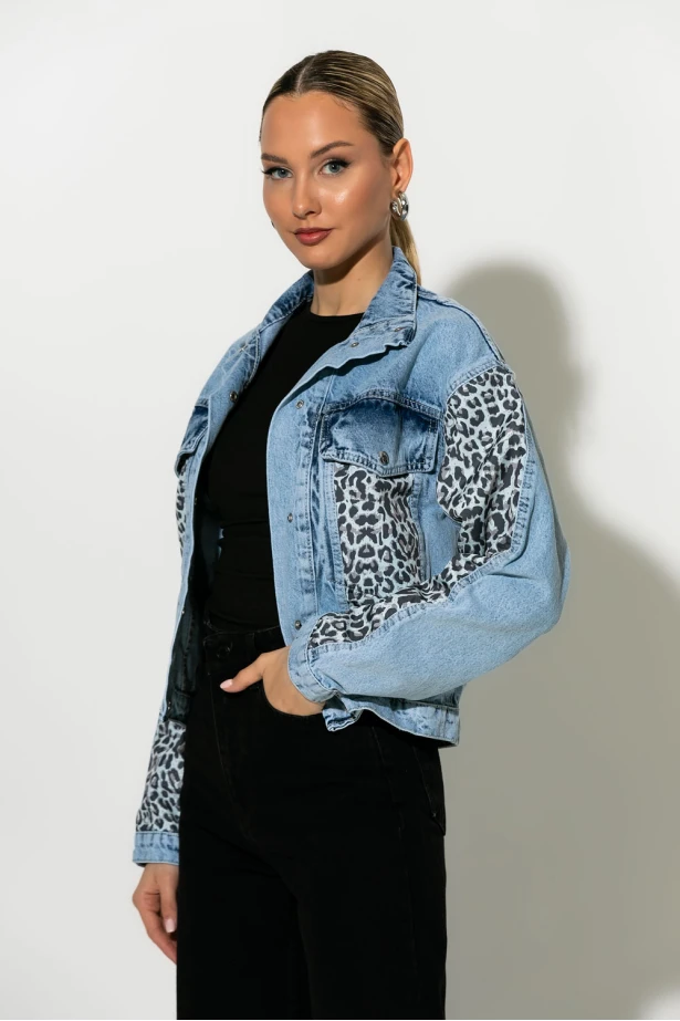 Jean jacket με leopard λεπτομέρειες μπλε Jean jacket με leopard λεπτομέρειες μπλε