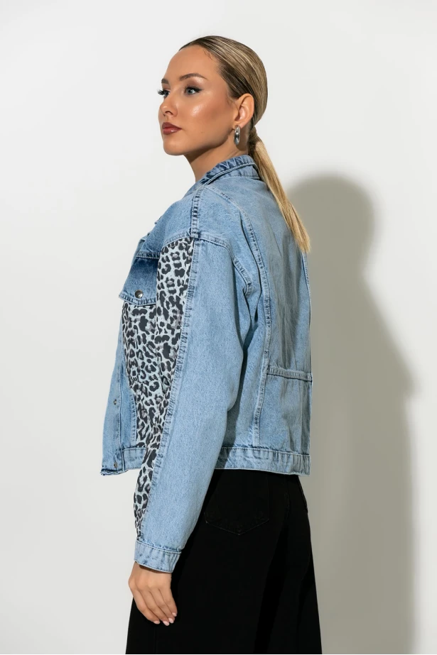 Jean jacket με leopard λεπτομέρειες μπλε Jean jacket με leopard λεπτομέρειες μπλε