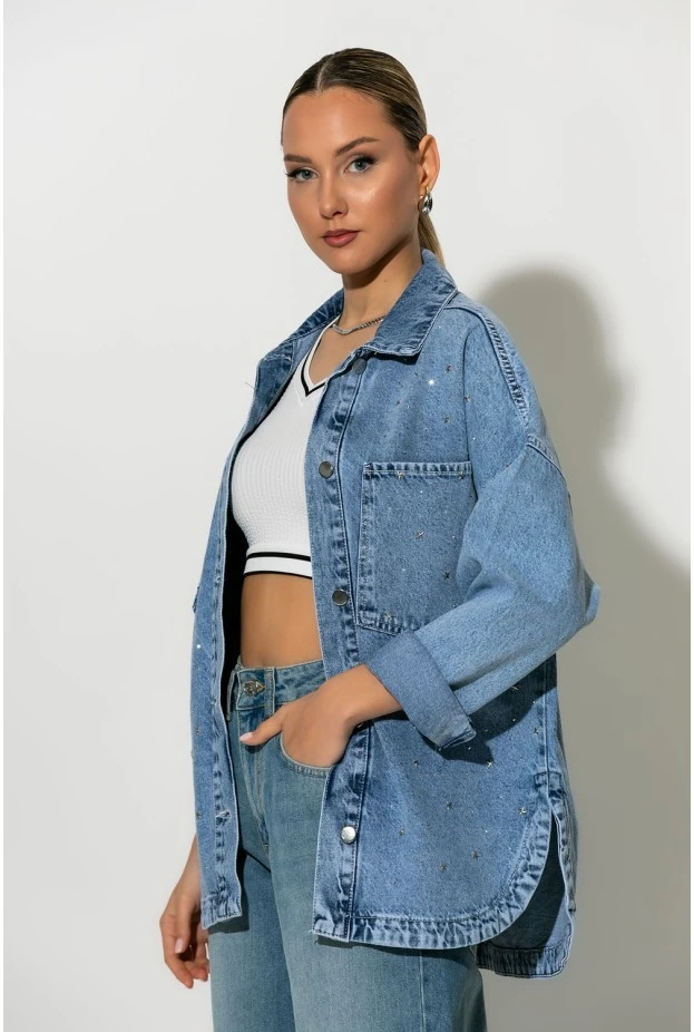 Jean jacket με τρουκς και στρας μπλε