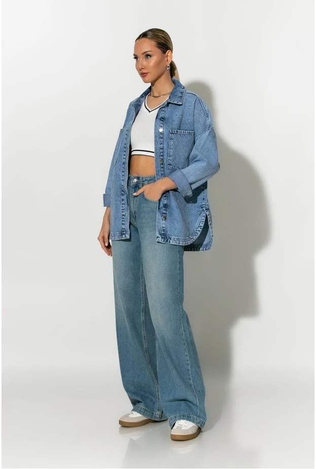 Jean jacket με τρουκς και στρας μπλε
